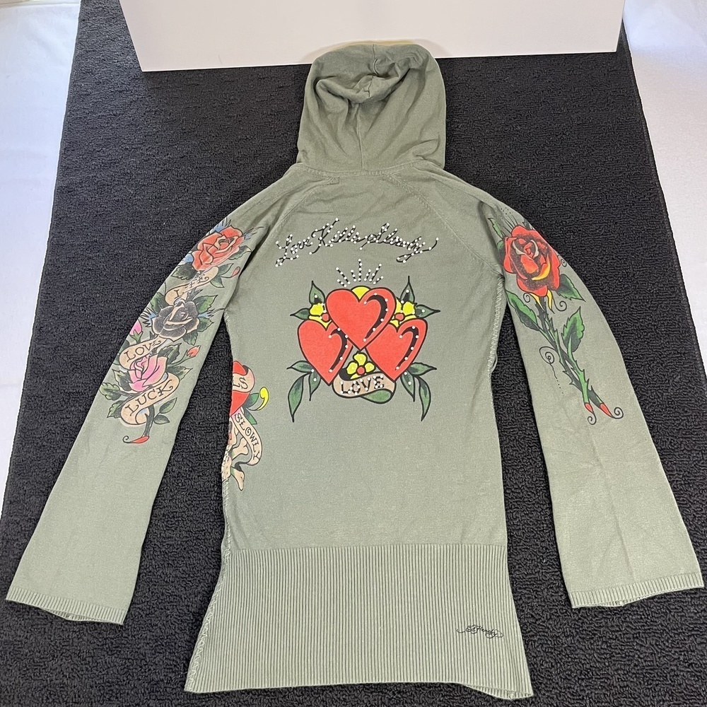 Ed Hardy Olive Green Hoodie Sweater with Red Heart & Rose Prints